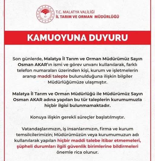 Malatya İl Tarım ve Orman Müdürlüğü'nden Dolandırıcılık Uyarısı