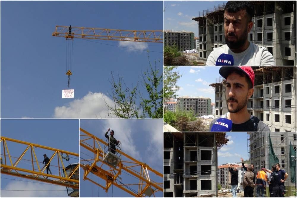 Ücretlerini alamayan işçilerden vinçli protesto